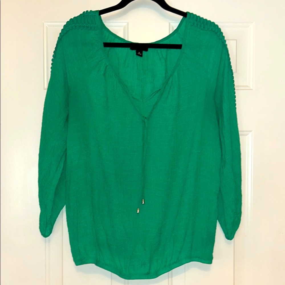 AB Studio Women's Top XL Green Lightweight V-Neck Flared Sleeves Career Solid